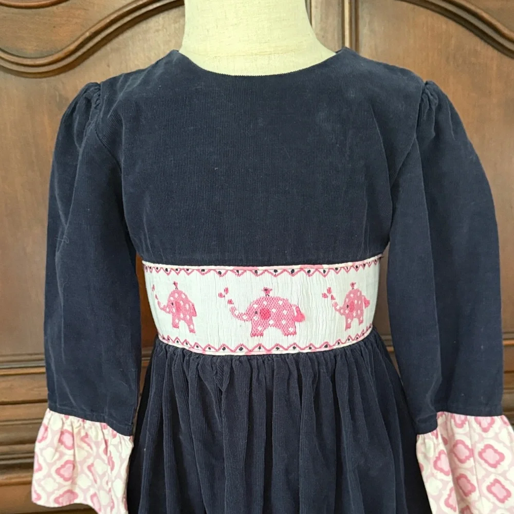 Shrimp & Grits Kids Elephant Applique Smocked Dress Girls 6 Navy Pink Tie Back B